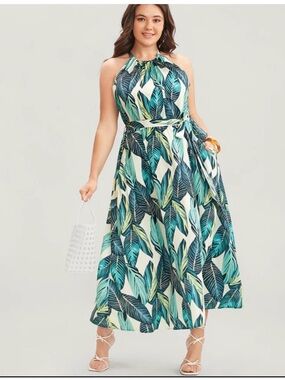 BloomChic Halter Tropical Leaf Maxi Dress in Teal, Green and White